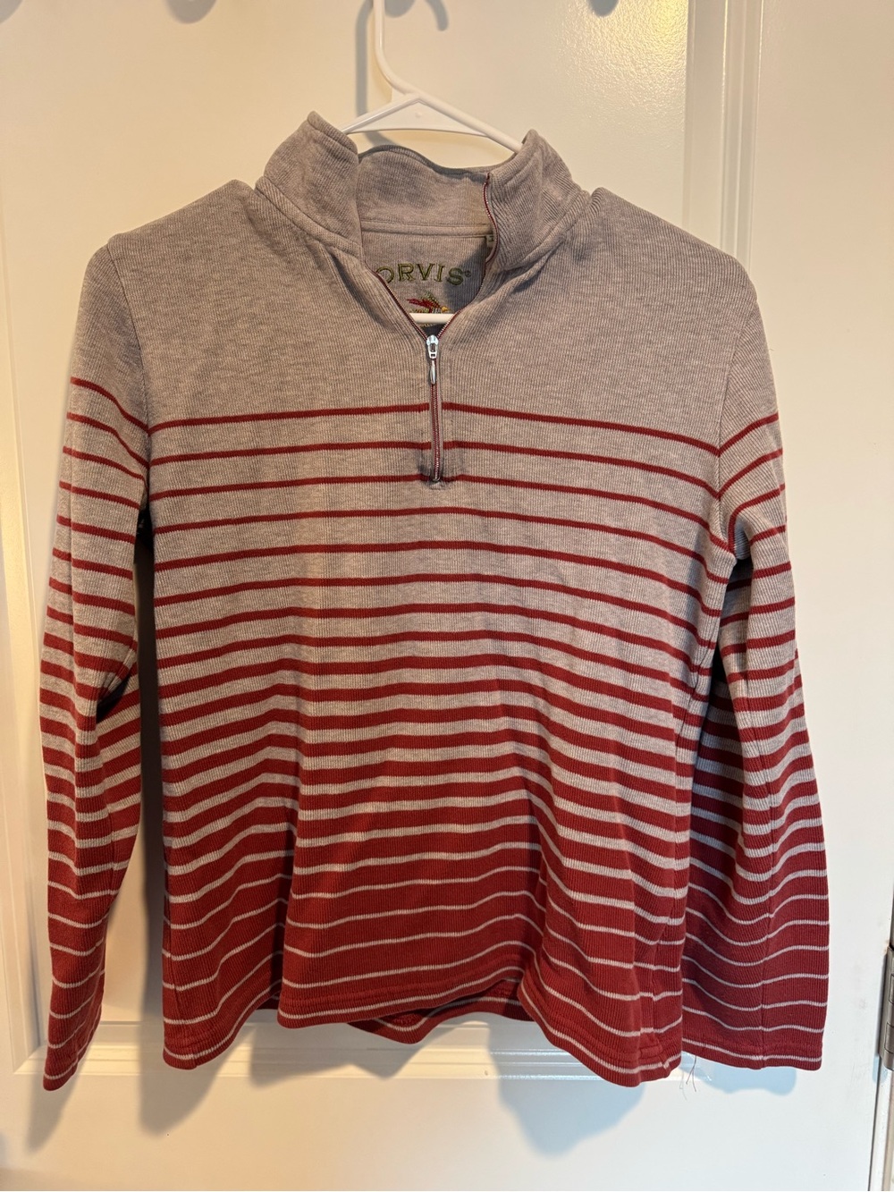 Orvis Gray and Red Striped Quarter-Zip Sweater